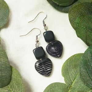 Dainty Blackstone & Striped Glass Heart Earrings, Sterling Silver Hooks